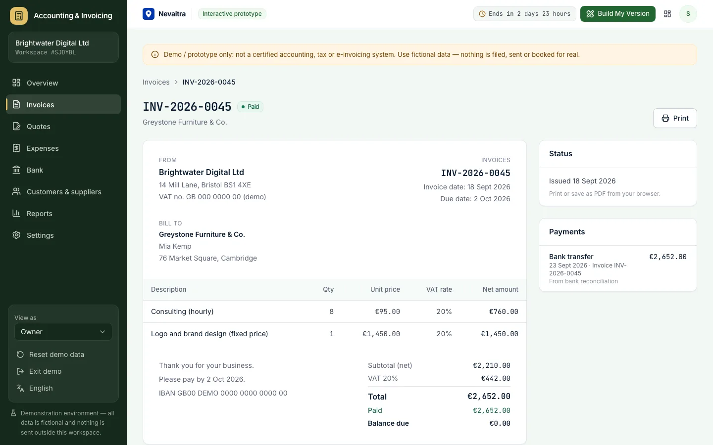 Sales invoice with line items, VAT and recorded payments