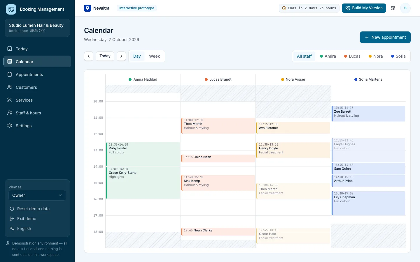 Booking calendar day view with a column per staff member