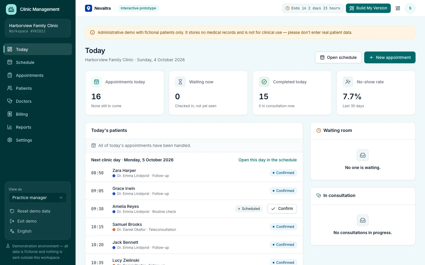 Clinic front-desk overview with today's patients and the waiting room