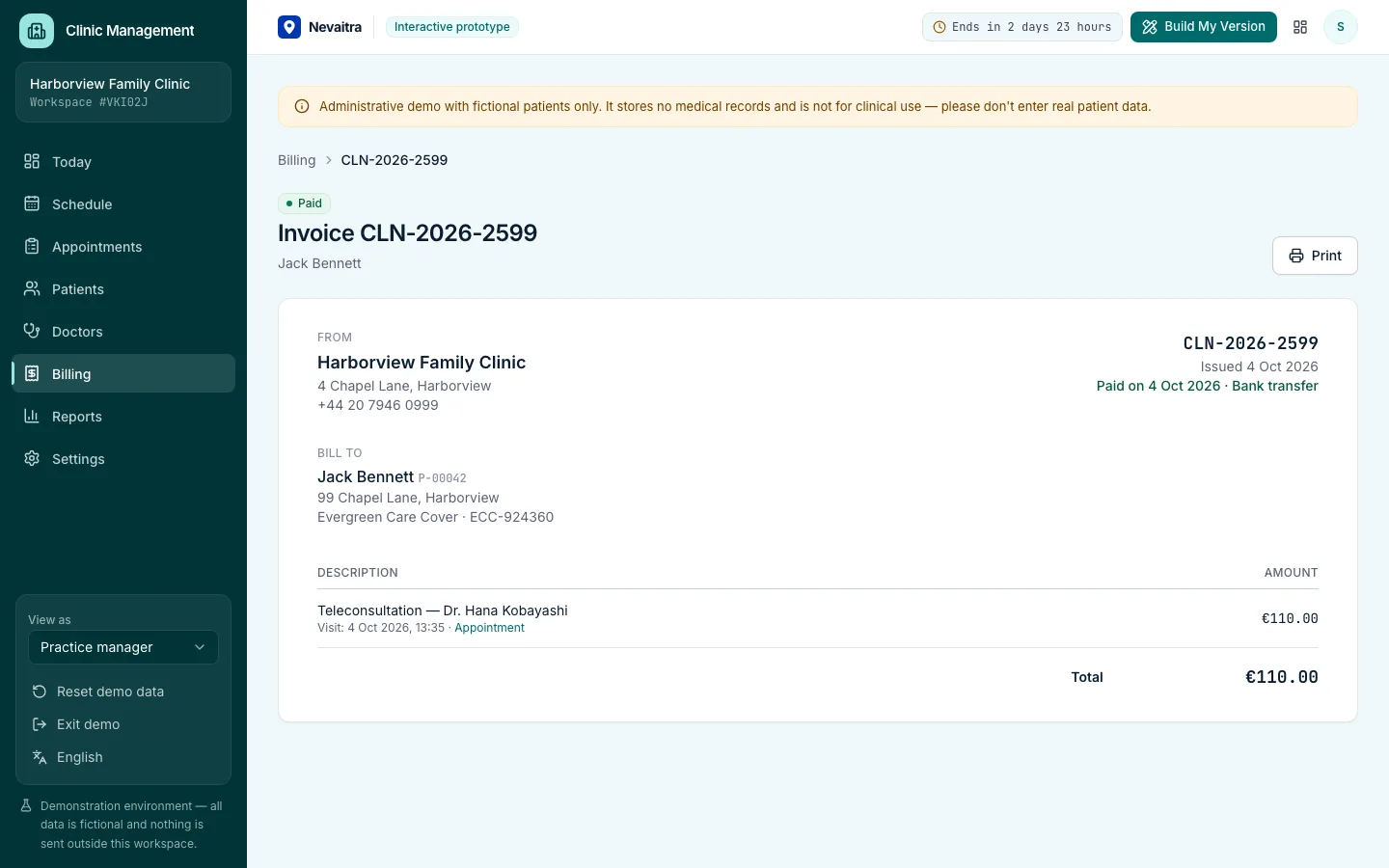 Clinic invoice for a completed visit