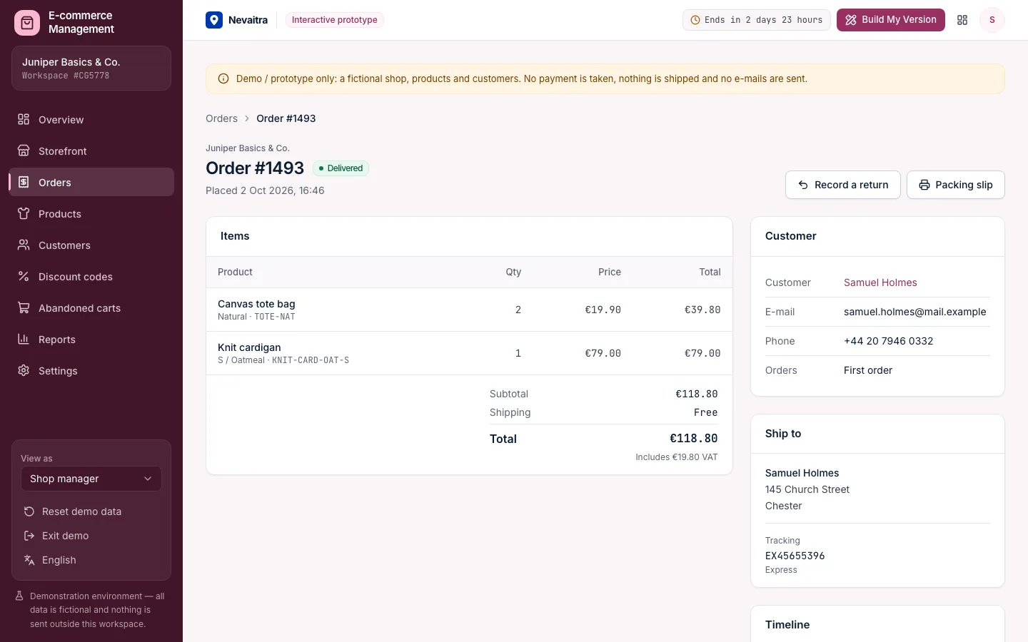 Delivered order with its items, totals including VAT, tracking number and timeline