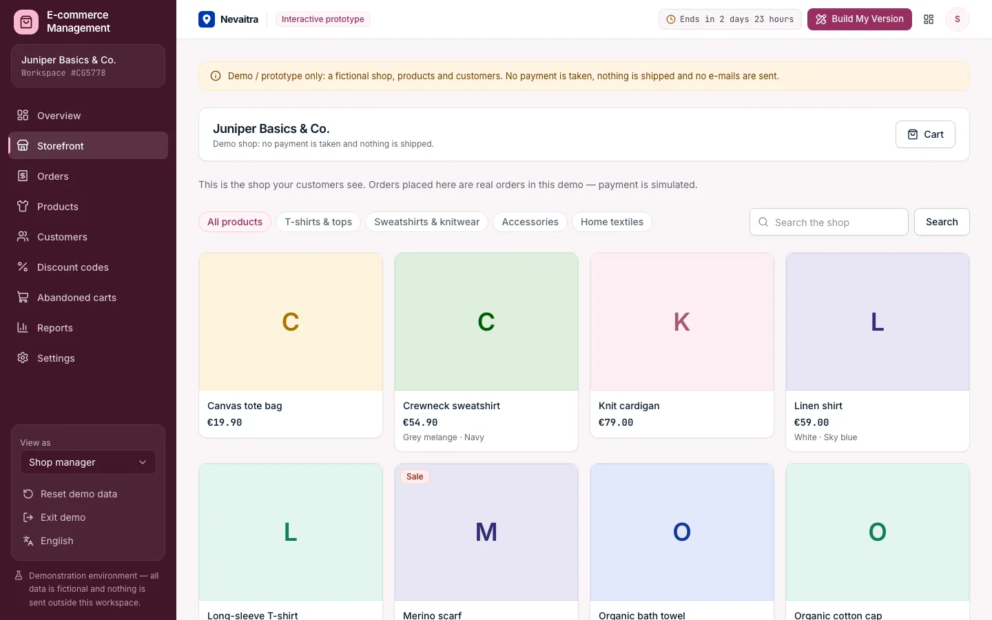 Demo storefront with categories, search and products in sizes and colours