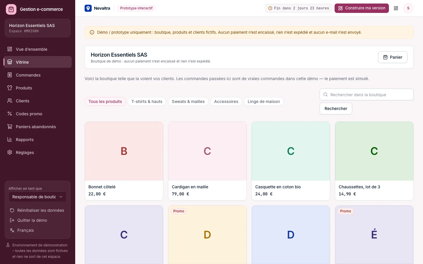 Vitrine de démonstration avec catégories, recherche et produits en tailles et couleurs
