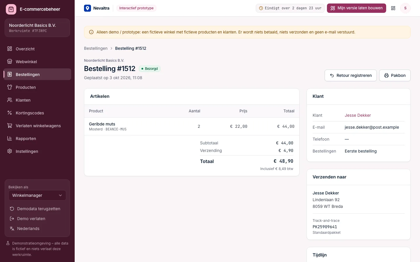Bezorgde bestelling met artikelen, totalen inclusief btw, trackingnummer en tijdlijn
