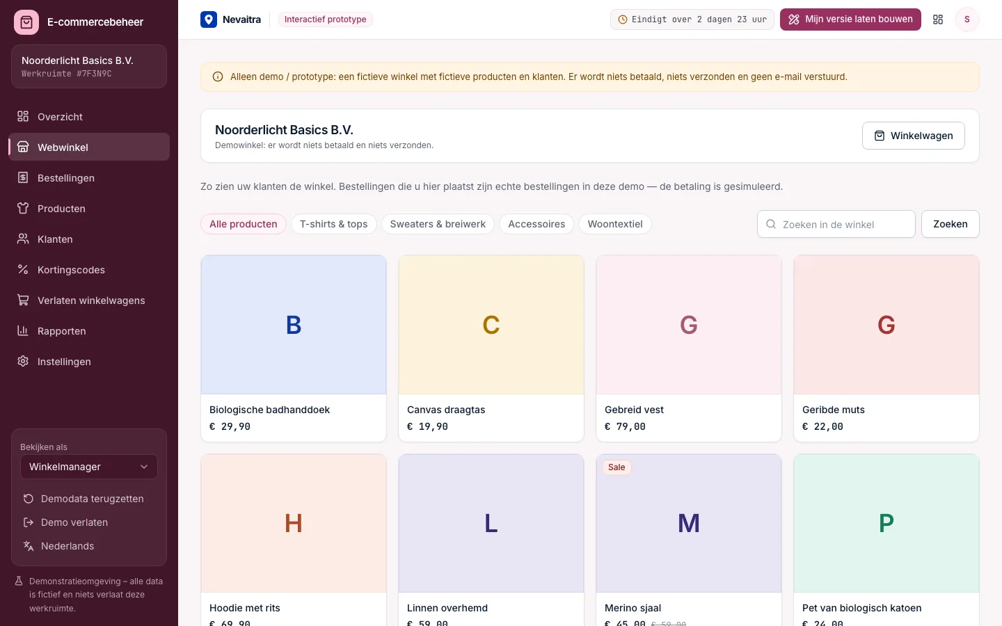 Demowinkel met categorieën, zoeken en producten in maten en kleuren