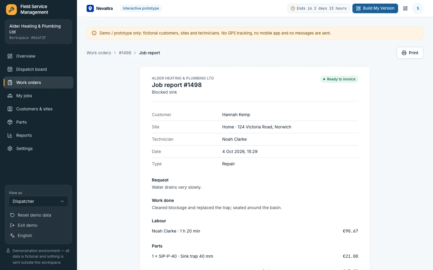 Printable job report with the work done, costs and customer sign-off