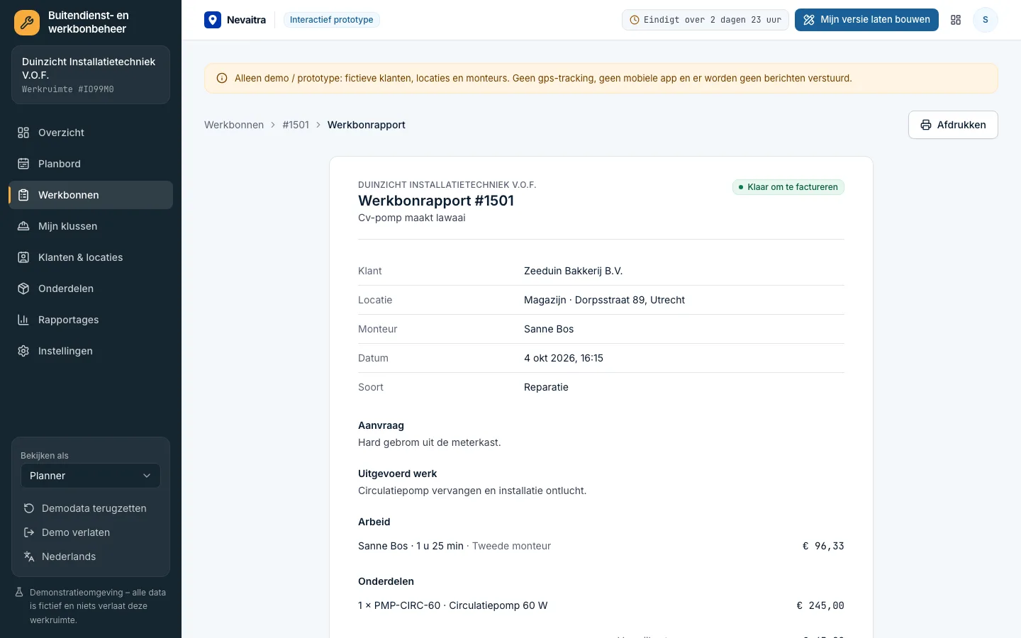 Afdrukbaar werkbonrapport met uitgevoerd werk, kosten en aftekening