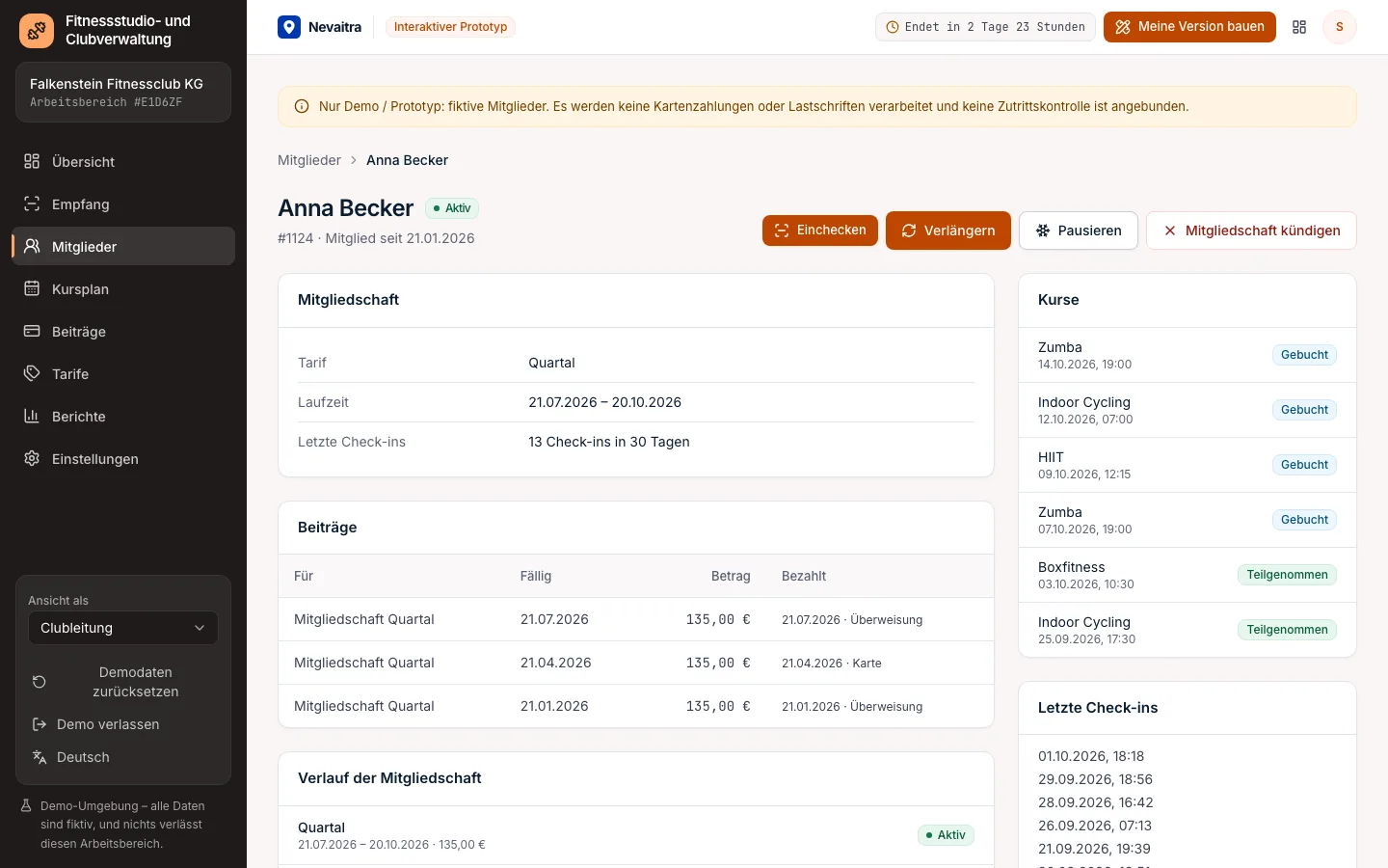 Mitgliederansicht mit Mitgliedschaft, Beiträgen, Kursbuchungen und letzten Check-ins