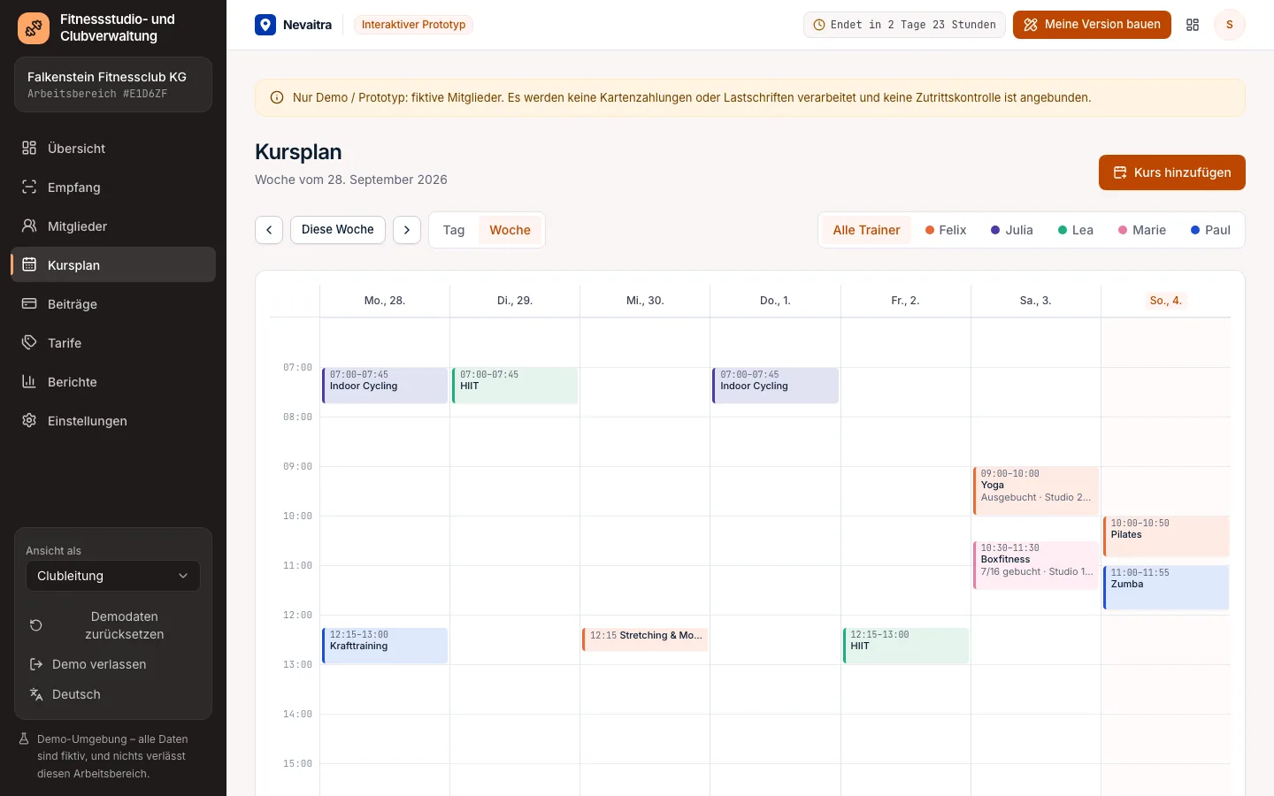 Wöchentlicher Kursplan pro Trainer mit gebuchten Plätzen