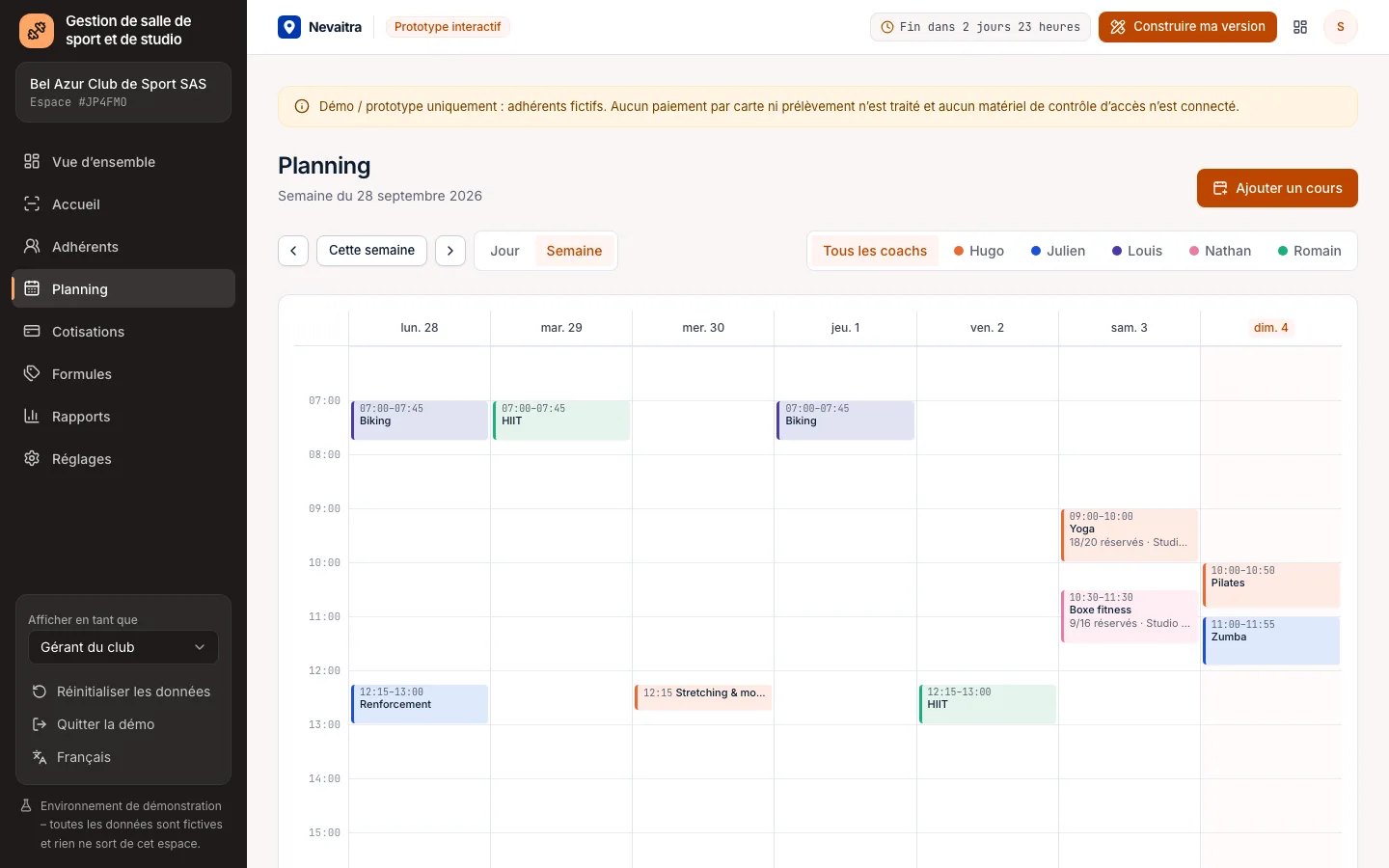 Planning hebdomadaire des cours par coach avec les places réservées