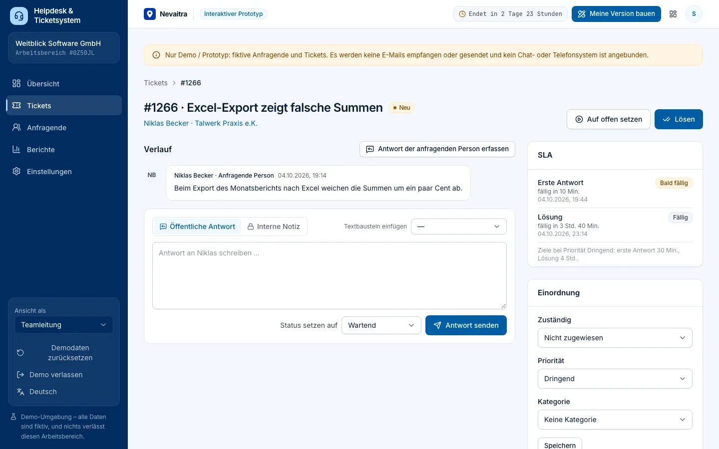 Ticket mit Verlauf, internen Notizen, Einordnung und SLA-Status