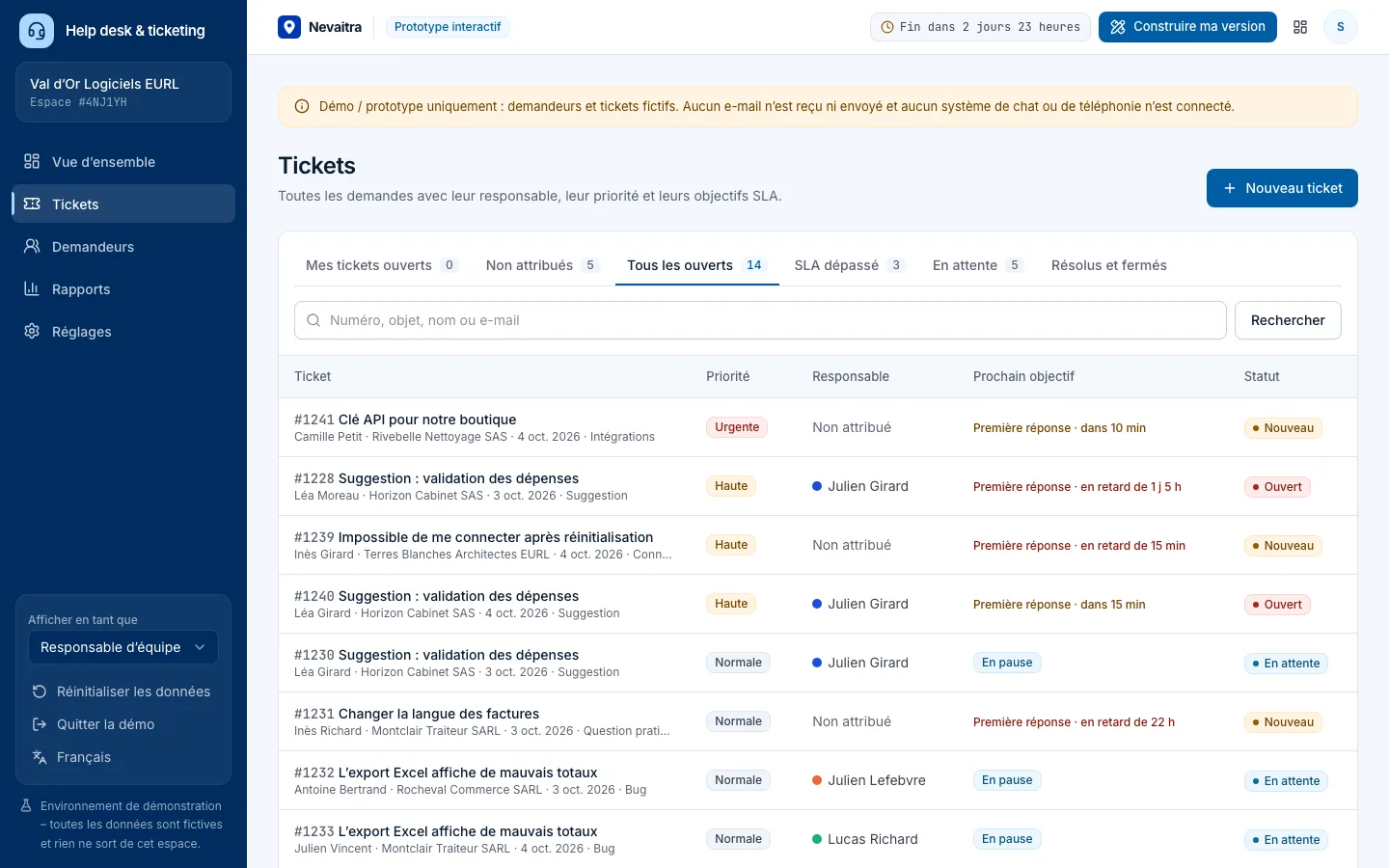 File de tickets avec priorité, responsable et prochain objectif SLA