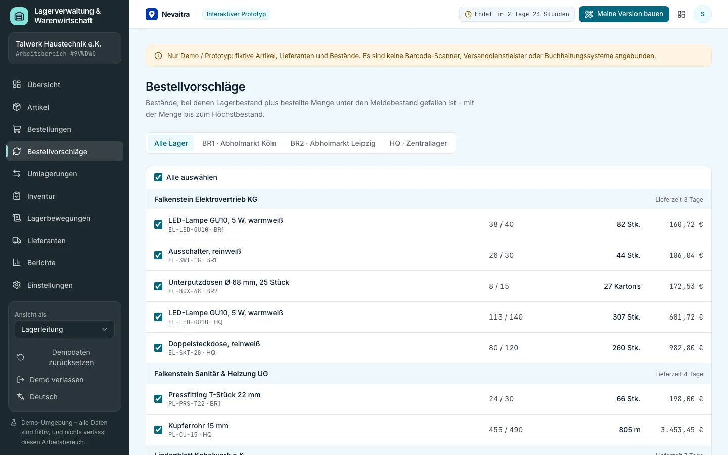 Bestellvorschläge je Artikel und Lager mit Lieferant, Bestand, bestellter und vorgeschlagener Menge