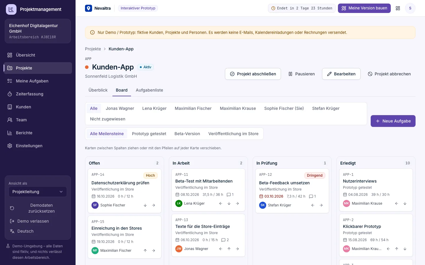 Kanban-Board eines Projekts mit den Spalten Offen, In Arbeit, In Prüfung und Erledigt