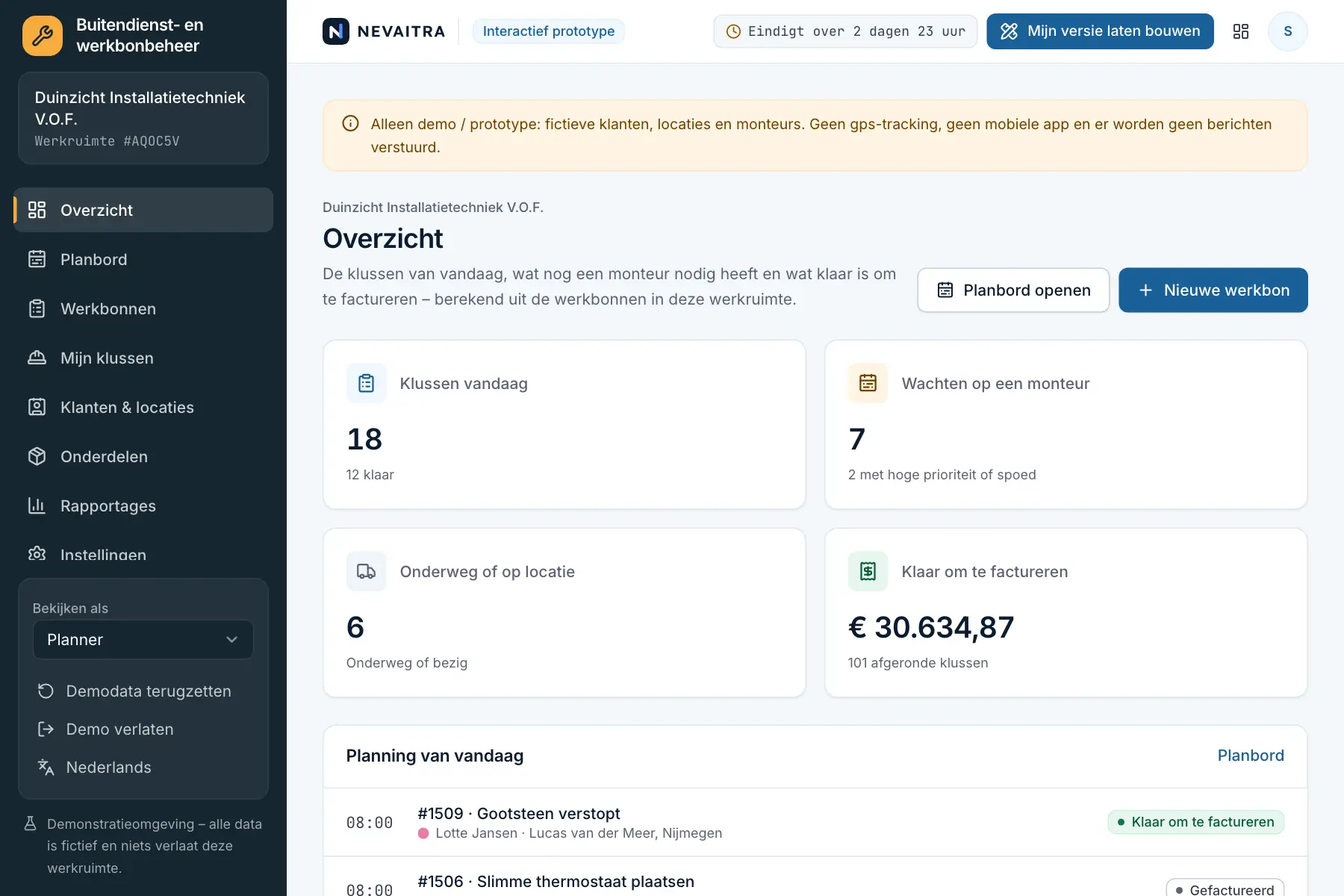 Demo van Buitendienst- en werkbonbeheer: Overzicht