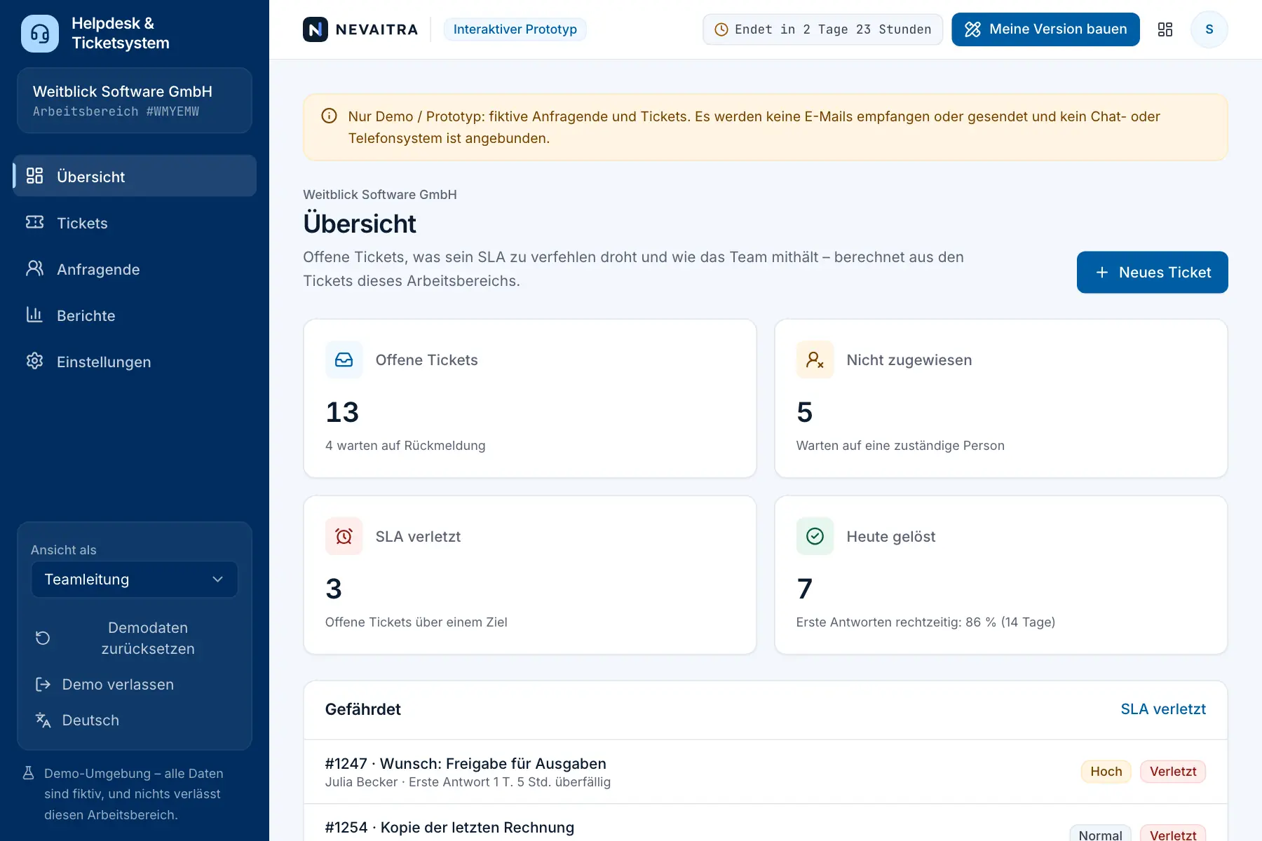 Demo „Helpdesk & Ticketsystem“: Übersicht