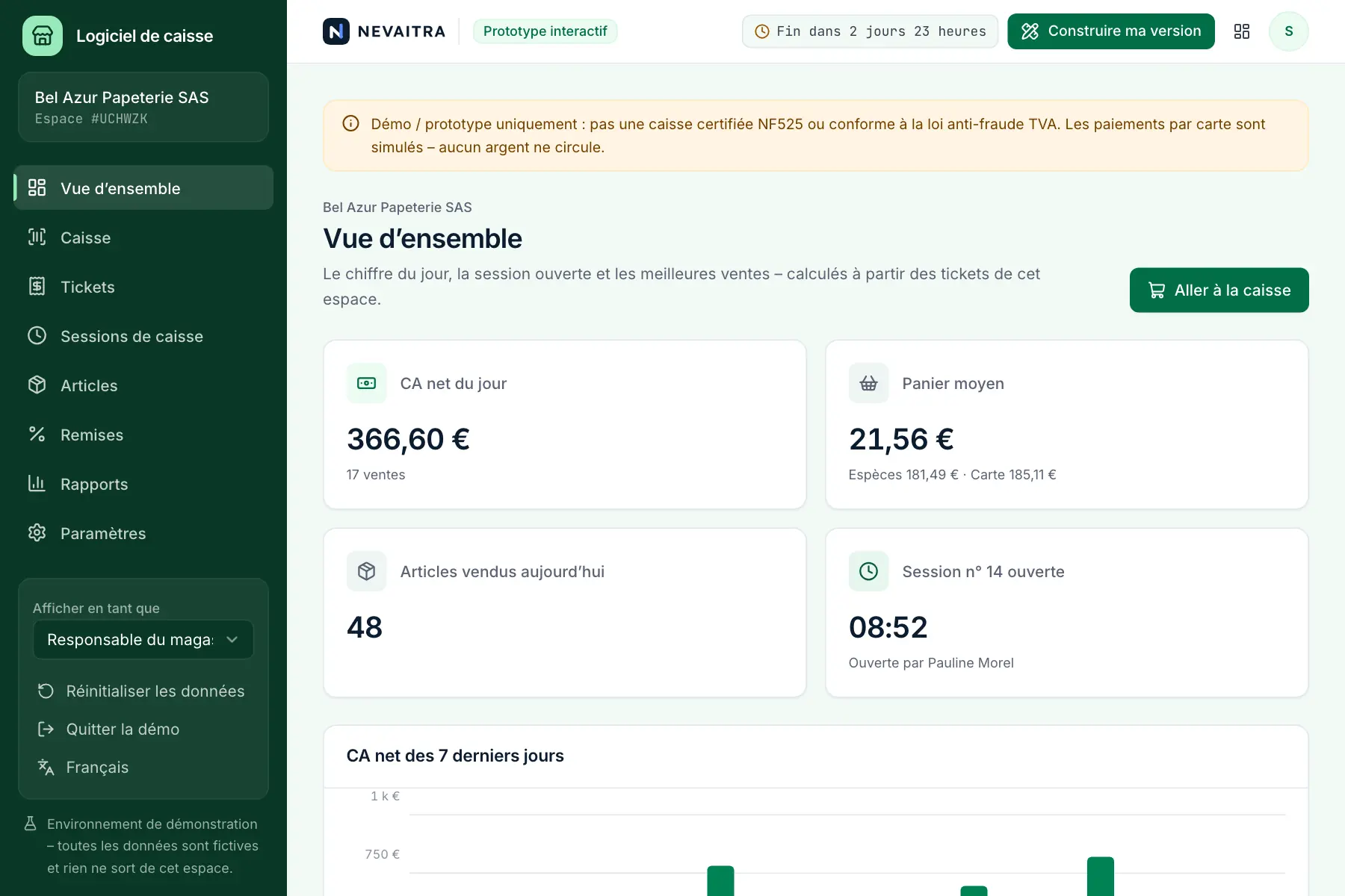 Démo « Logiciel de caisse » : Vue d’ensemble