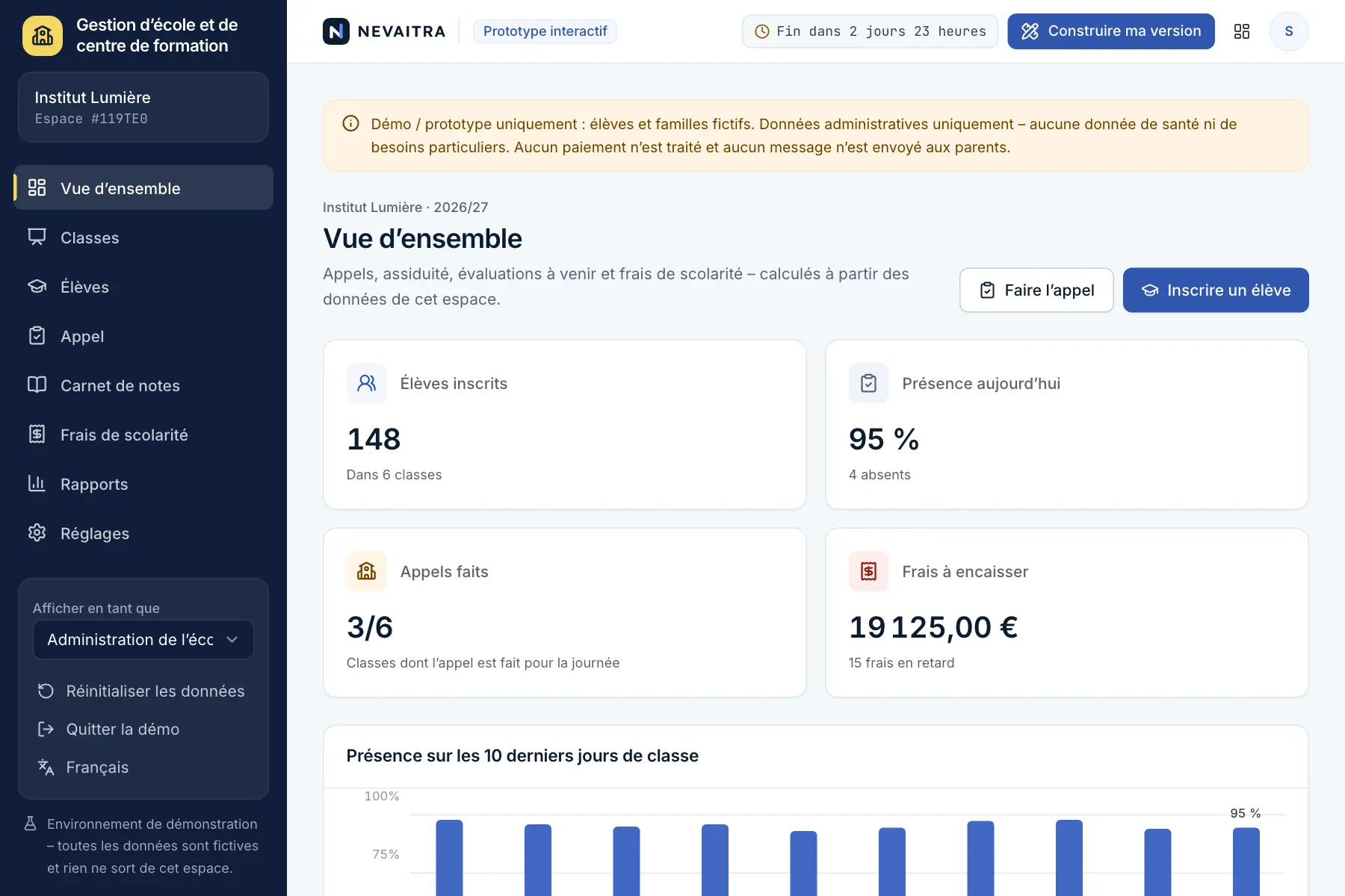 Démo « Gestion d’école et de centre de formation » : Vue d’ensemble