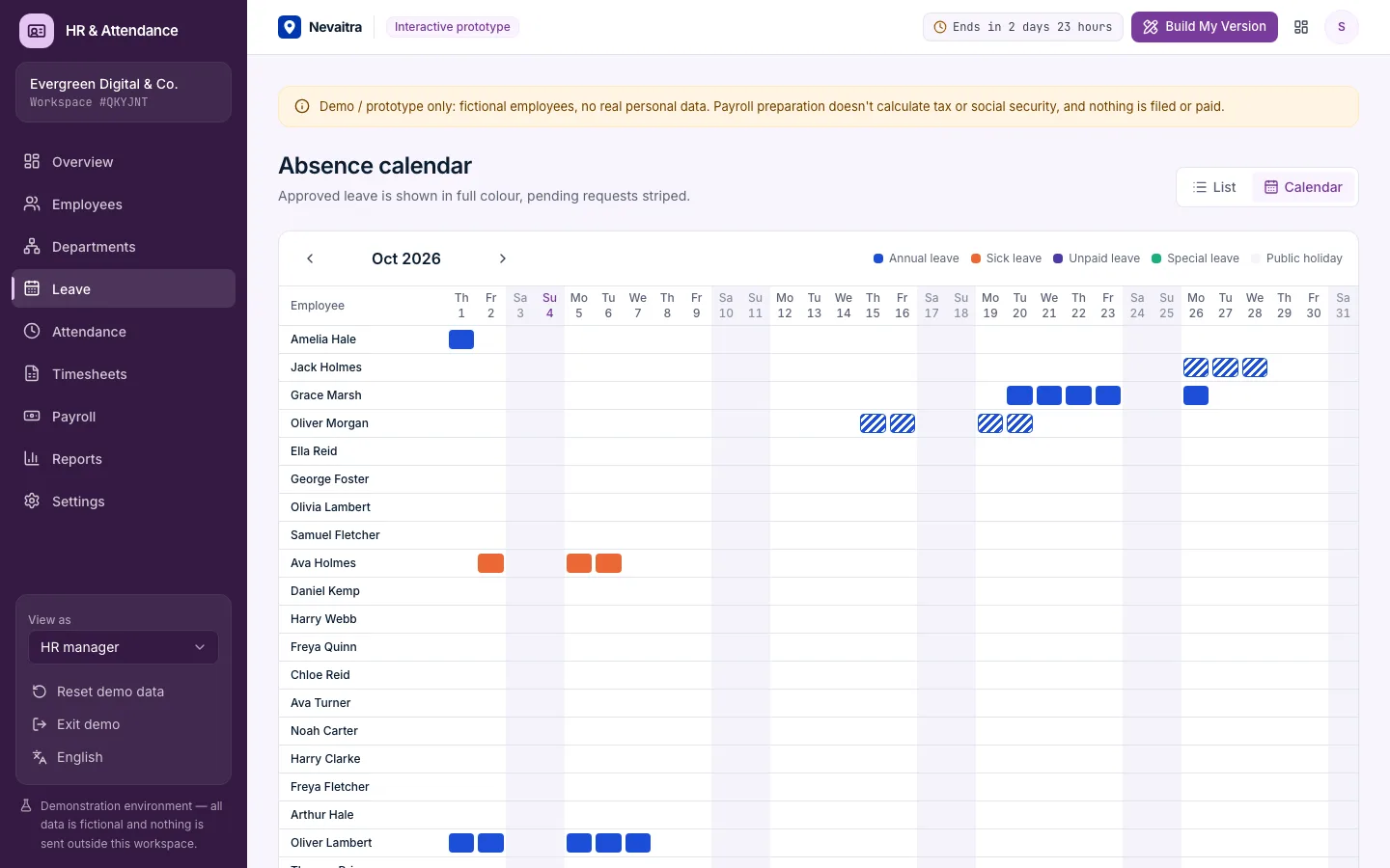 Leave calendar showing approved and requested leave per employee